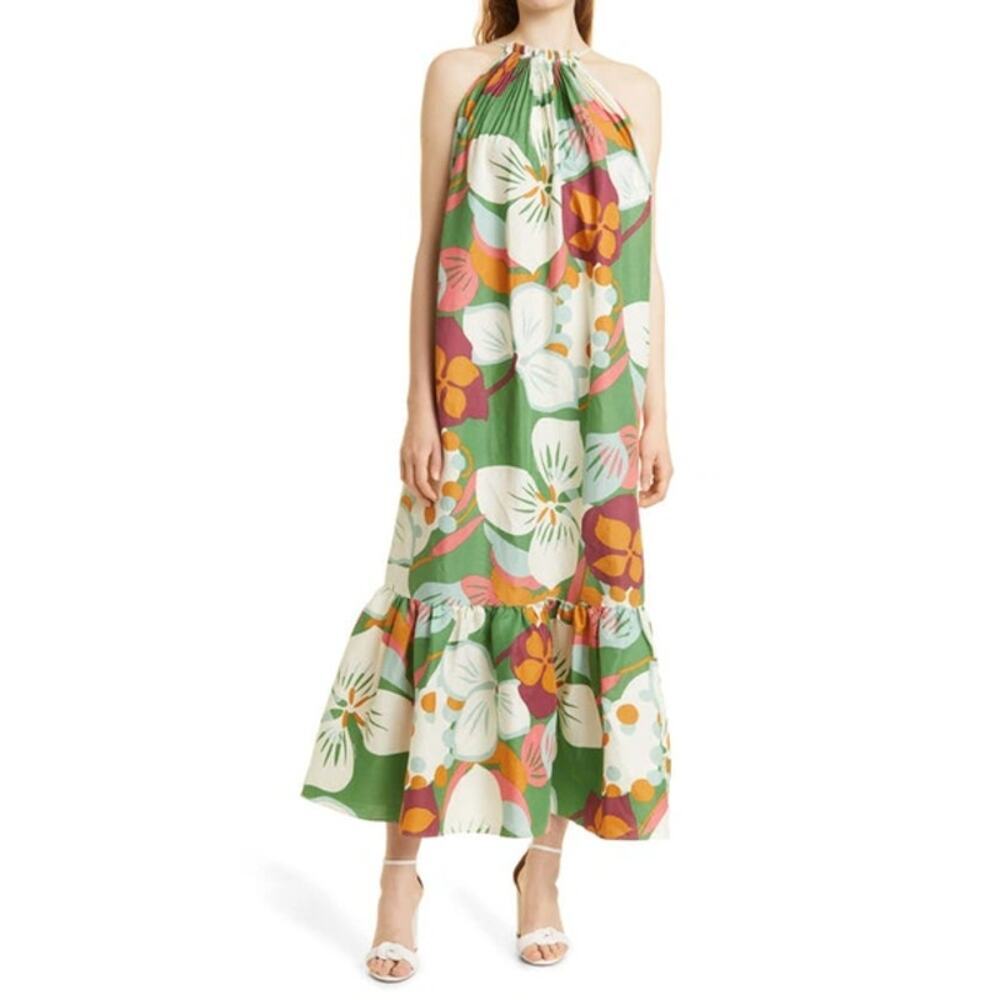 NAOO Women's Green Hawaiian Floral Tiered Maxi Dress Size Large tropical luau